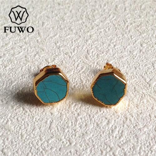 FUWO Natural Turquoises Stud Earrings 24K Gold Electroplated Elegant Minimalist Irregular Blue Howlite Stone Jewelry ER003