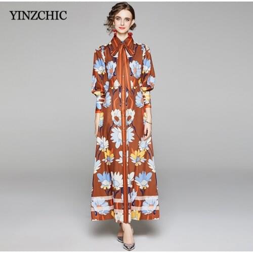Woman Spring Maxi Dress Floral Printed Ladies Elegant Party Skirts Slim Sash Waisted Shirt Dress for Office Lady Summer Dress