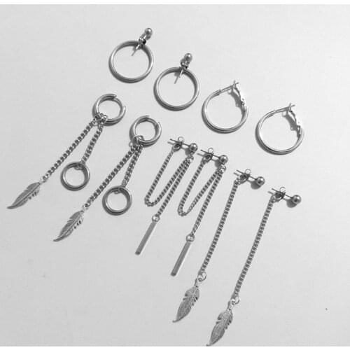 10 Pcs/set Personality Versatile Men and Women Earrings Simple Stylish Long Stainless Steel Silver Color Ear Jewelry 667E