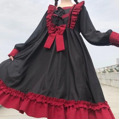 2020 Japanese Harajuku Gothic Bandage Bow Splice Dress Sweet Lolita Girl Cosplay Dress Kawaii Ruffles Bow Women Party Dress