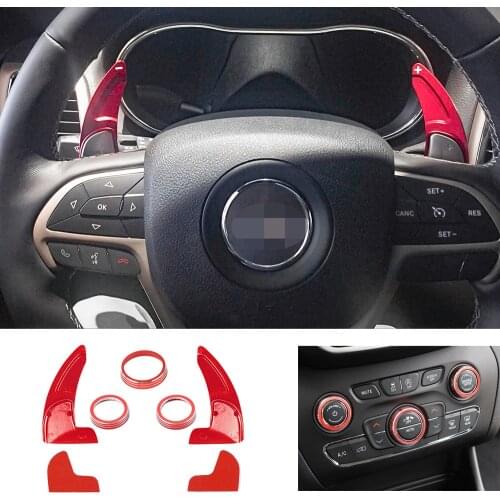 5PCS Steering Wheel Shift Paddle Shifter & Air Condition Switch Knob Ring Trim For Jeep Grand Cherokee 2014+ Red Aluminum Alloy