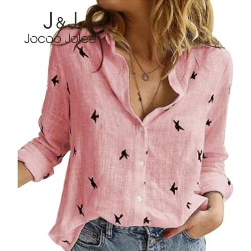 Jocoo Jolee Women Cotton and Linen Blouse Spring Summer Long Sleeve Birds Print Loose Shirts Vintage Streetwear Tops Tunic S-5XL