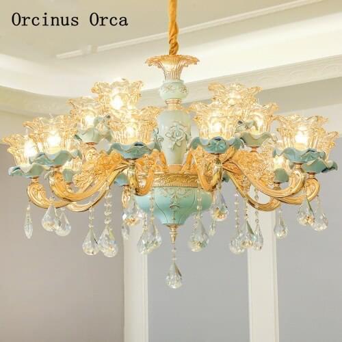 European luxury flower carving ceramic chandelier living room dining room bedroom French creative color LED Crystal Chandelier
