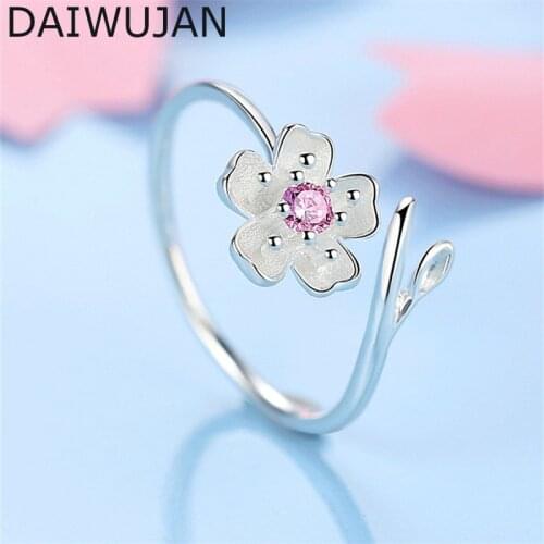 DAIWUJAN 925 Sterling Silver Sakura Open Rings Adjustable Pink Crystal Peach Flower Rings For Women Girl Wedding Party Jewelry