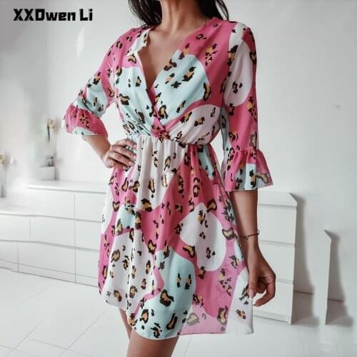 Summer Fashion Leopard Print Ruffles Mini Dress for Women Casual V Neck Half Sleeve Retro Beach Pink Dresses Woman Clothing