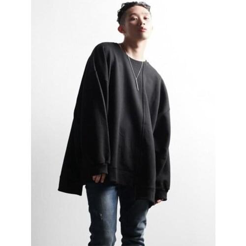 Men spring and autumn new simple personality irregular hem design round collar loose casual large size long sleeve T-shirt