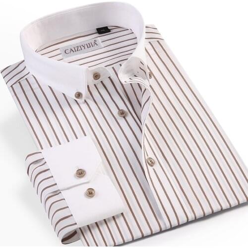 Contrast Collar and Cuff Mens Vertical Striped Dress Shirts Pocketless Casual Long Sleeve Button-down Non Iron Cotton Shirt