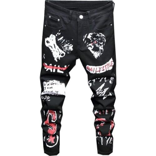 Hip Hop Streetwear Digital Printed Jeans For Men 2020 Elastic Skinny Black Jeans Trousers Men Skull Bone Punk Plus Size Pants