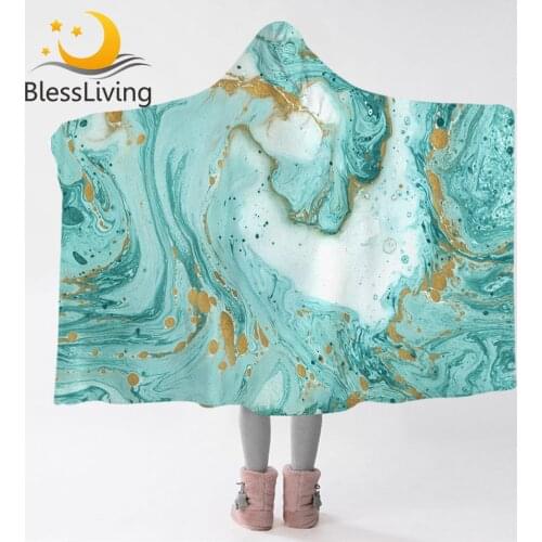 BlessLiving Marble Hooded Blanket Chic Girly Sherpa Fleece Throw Blanket Mint Gold Glitter Turquoise Wearable Blanket With Hat