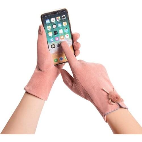 Autumn Winter Women Warm Hairball Bow Embroidery Touch Screen Driving Mitten Suede Leather Full Finger Sport Cycling Glove I97