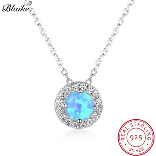 Blaike Retro Round Blue Fire Opal Pendants Clavicular Chain Genuine S925 Sterling Silver White Crystal Necklace For Women Gifts
