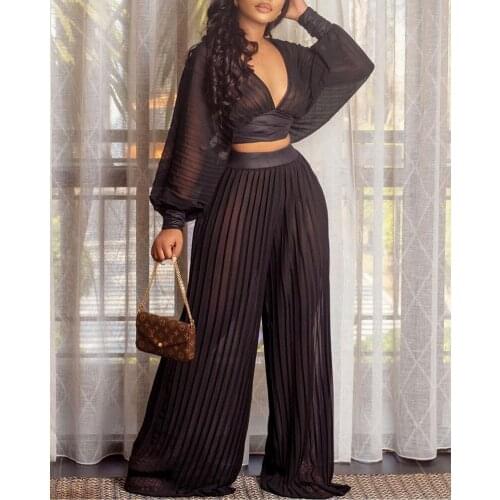 RMSFE 2021 Ladies Long Sleeved Black V-Neck Top Loose Stitching Pleated Wide Leg Pants Two-Piece Set