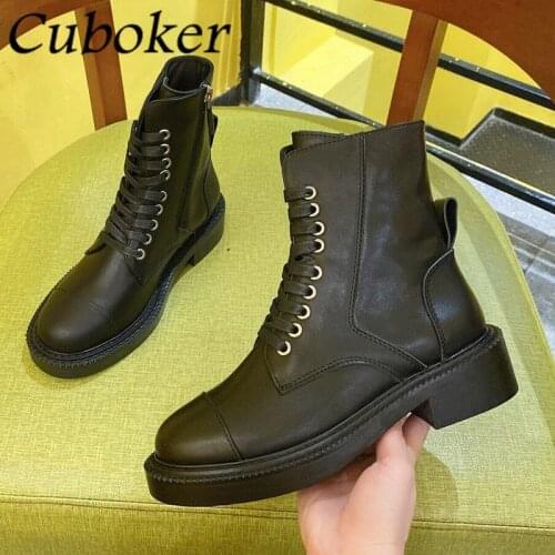 Luxury Brand Designer Women Martin Boots Round Toe Lace Up Thick Sole Leather Ankle Short Female Autumn Winter Boots Women Mujer