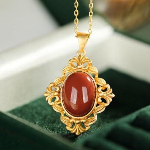 S925 Sterling Silver Natural South Red Agate Necklace Womens Ancient Gold Craft Gilding Ethnic Style Temperament Elegant Access