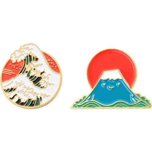 Ukiyo-e Lapel Pin Sea Wave Mountain Fuji Enamel Brooches Pin for Clothes Backpack Japanese Style Badges Jewelry Gift For Friends