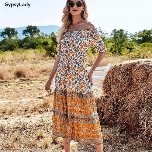 GypsyLady Floral Print Vintage Women Dress Boho Casual Summer Dress Ruffles Off The Shoulder Sexy Holiday Ladies Female Dress
