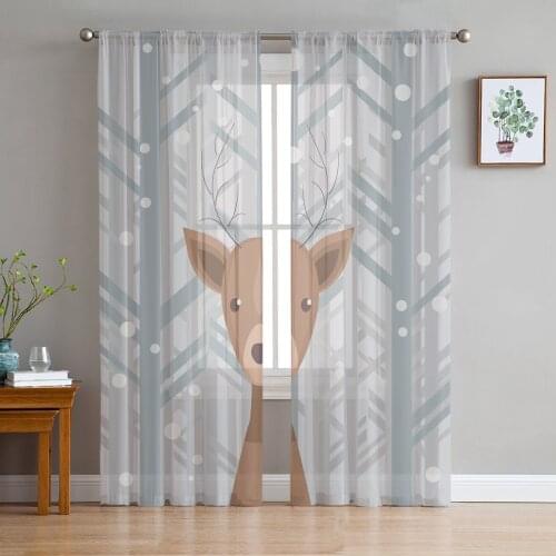 Winter Snowing Forest Deer Cartoon Window Curtains Bedroom Modern Drape Sheer Tulle Valances Living Room Kitchen Voile Curtain