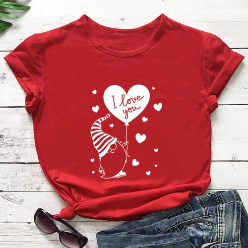 Gnomes Hearts 100%Cotton Printed Womens T Shirt Valentines Day Shirts New Spring Casual O-Neck Pullovers Short Sleeve Tops