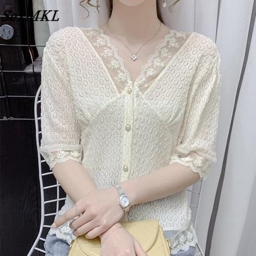 Sexy Summer White Blouses Women 2021 Korean Fashion Button Up Chiffon Shirts Elegant Slim V Neck Lace Patchwork Y2k Ladies Tops