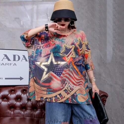 2123 New Summer Short Sleeve Knitted T-shirt Vintage European Pullover Women Print Streetwear Style Oversized Women Tops