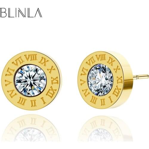 BLINLA Fashion Classic Vintage Round Stud Earrings for Women Stainless Steel Rose Gold Silver Color Crystal Party Earing Jewelry