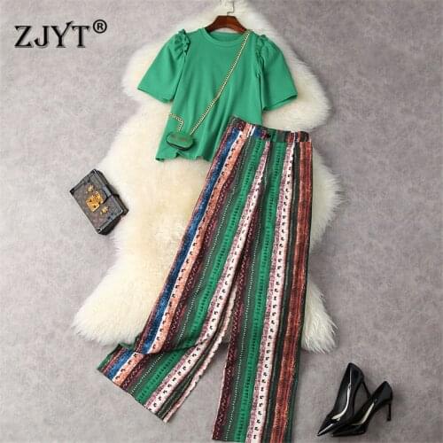 Fashion Summer Designer Runway Suit Women High Street Puff Sleeve Tshirt+Striped Pants+Bag 3 Piece Clothing Set Casual Outfit