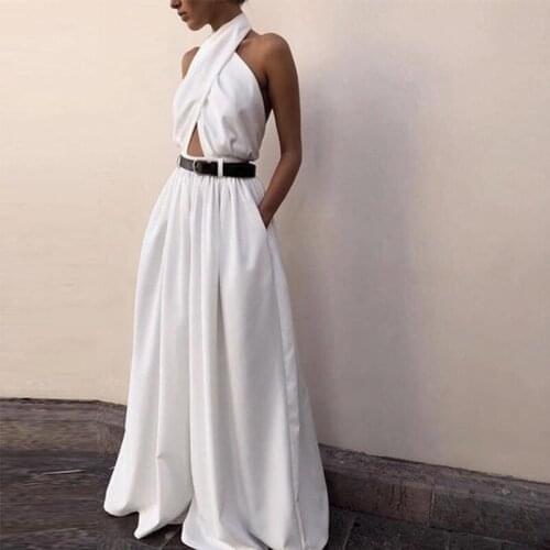 Halter Sexy Bodycon Summer Jumpsuit Women Overalls Backless White Skinny Rompers Womens Wide Leg Jumpsuit Female Long Pants