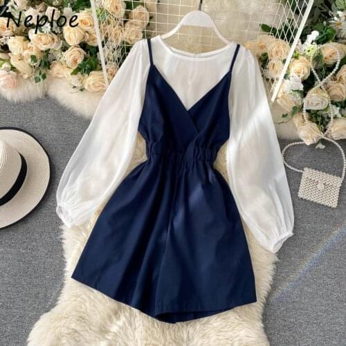Neploe Fashion Two Piece Set Women Long Sleeve O-neck Causal Chiffon Tops + V Neck Stretch Waist Sling Playsuits 2021 Suits