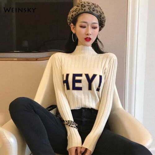 Women Knitted Jumper Sweater And Pullovers Korean Fashion Casual Style Turtleneck Sweater Winter And Autumn 2019 New Letter Tops