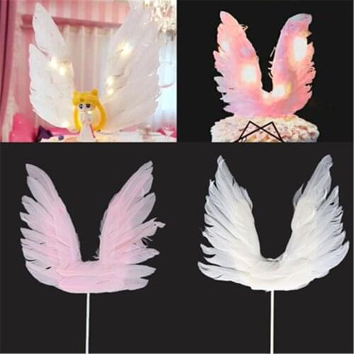 1pcs White Pink Angel Feather Wing Flag Cake Toppers for Wedding Birthday Party Baking Dessert Cake Top Decoration Supplies