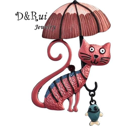 D&Rui Jewelry 2019 Cute Cat Wearing Umbrella Brooches for Boys Women New Deaign Pins Metal Alloy Enamel Fish Brooch Accessories