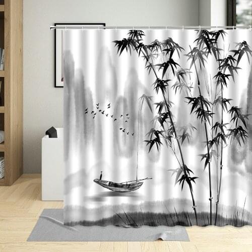 Chinese Style Retro Home Decor Screens Mountain Water Bamboo Ink Painting Pattern Elegant Shower Curtain Waterproof Bath Curtain