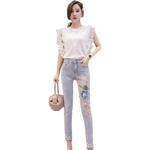 Denim Pencil Pants Women 2020 Spring Summer New Embroidery Jeans Female Pearl Light Blue sweet Casual elastic force Jeans R76