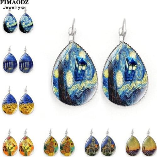 FIMAODZ Van Gogh Painting Teardrop Earrings The Starry Night Sunflower Glass Dome Water Drop Earrings for Women