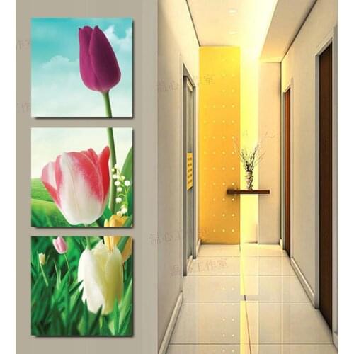 Canvas Painting modern home decorative Tulips Painting on canvas 3 Panel Wall art With Framed Art W0251