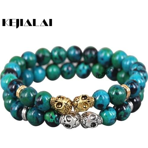 KEJIALAI 1pcs 2018 New Fashion 8mm Beads Bracelet Gold/Silver Color Skull Head Phoenix Green Stone Beads Mens Bracelet A0312