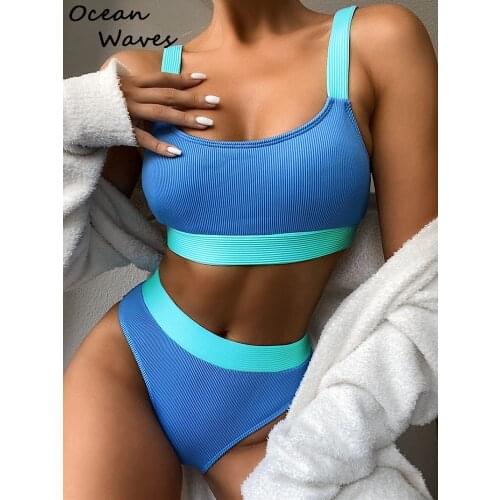 High Waist Bikinis Set 2021 New Swimsuits Bandeau Swimwear Women Splicing Biquini Beachwear Sports Ribbed Push Up Bathing Suits