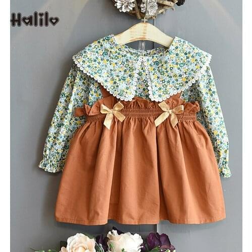 Kids Outfits Floral Girls Long Sleeve Blouse + Strap Dress Two Piece Spring Autumn Childrens Clothing Christmas Toddler Sets