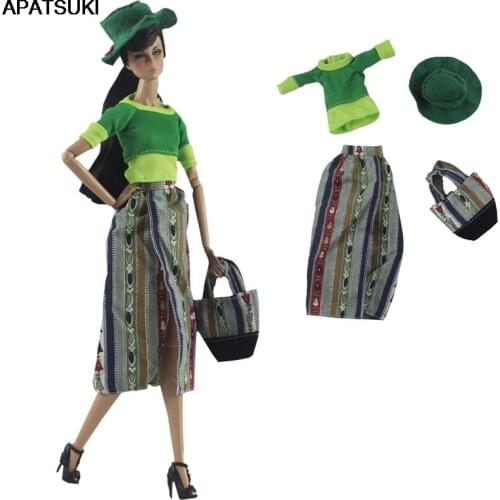 Green Fashion Doll Clothes Set For Barbie Doll Outfits Shirt Striped Midi Skirt Hat Bag For 1/6 BJD Dolls Accessories Kids Toy