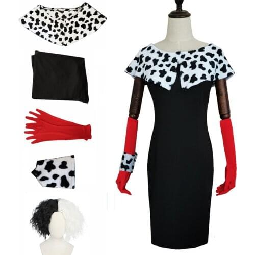 Movie Cruella Cosplay Costumes Dresses 101 Dalmatians Cruella De Vil Anime Wig Clothing Uniform Halloween Costume For Women