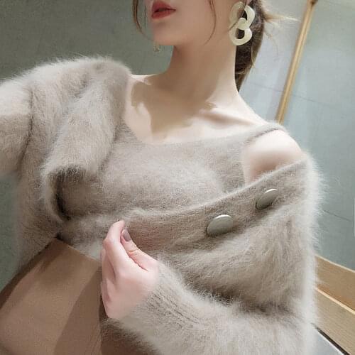 Fashion Women Autumn Imitation Mink Fleece Sweater Sexy Two Pieces Long Sleeve Slim Knit Top Camis&Short Cardigan Sets Knitwear