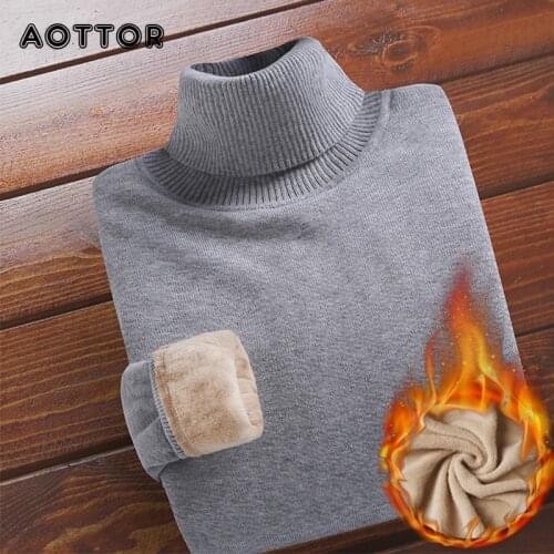 Mens Velvet Thick Sweater Male Winter Turtleneck Base Shirt Thick Knitted Fashion Solid Sweater Mens Slim Wool Liner Pullovers