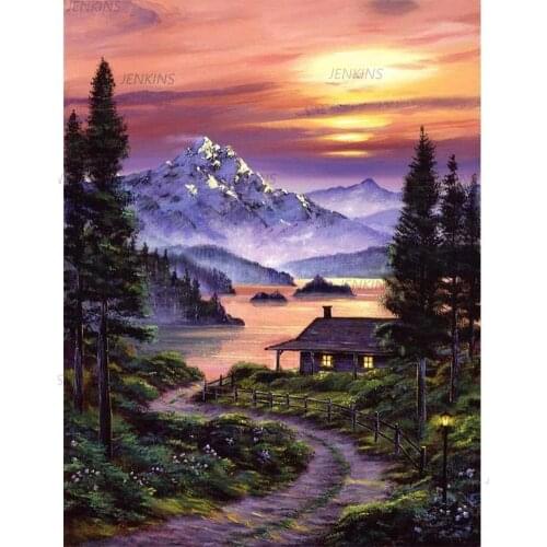 Ountain Lake Trees Cabin Diy 5D Diamond Painting Full Drill Rhinestones Paint with Diamonds Crystal Diamond Art Jenkins