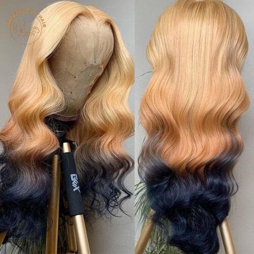 Ombre Orange Black Lace Frontal Wigs Wavy 13X4 Lace Front Wig Full Density Brazilian Hair 2 Tones Colored Human Hair Wigs