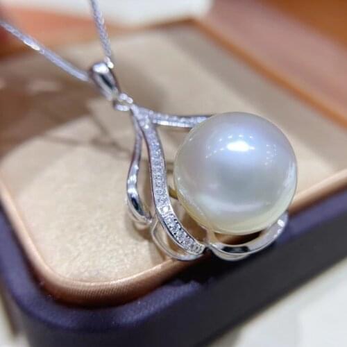HENGSHENG Pearl Pendant 14.7mm Natural-Ocean Round White Pearls Pendents Necklaces, Silver Chain Fine Jewelry For Lady
