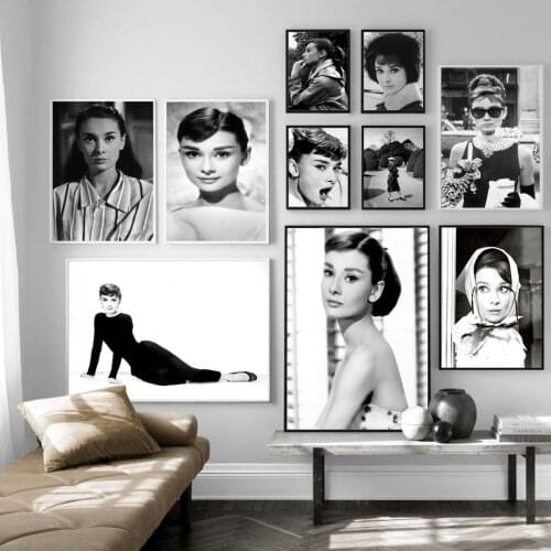 Classical Movie Star Poster Audrey Hepburn Figure Portrait Canvas Painting Black and White Wall Art Prints for Living Room Home