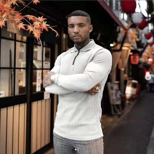 Fashion Long Sleeve Polo Shirt Men Solid Ribbed Printed New Casual Lapel Zipper Pullover Tops Slim Men Fitness Polo Shirts