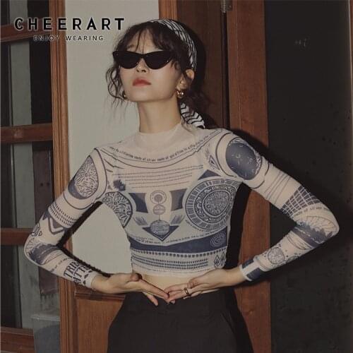 CHEERART Tattoo Print Long Sleeve Crop Top Turtle Neck See Through T Shirt Basic Tshirt Street Fashion Tee Shirt Clothing