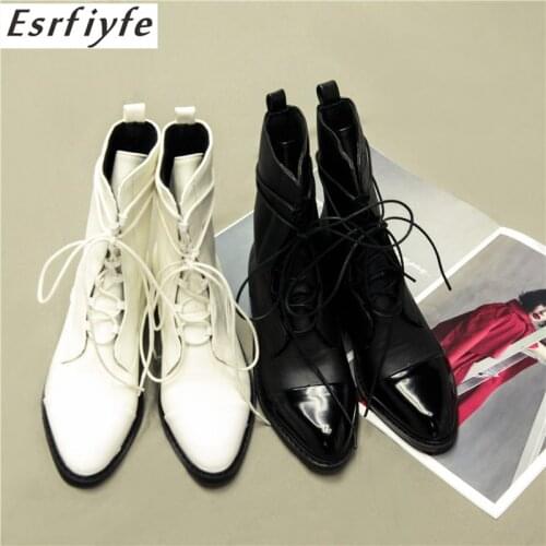 ESRFIYFE Women Ankle Boots Women Pointed Toe Thick Heel Lace Up Black Motorcycle Boots Shoes Women Warm Snow Boots Woman Booties