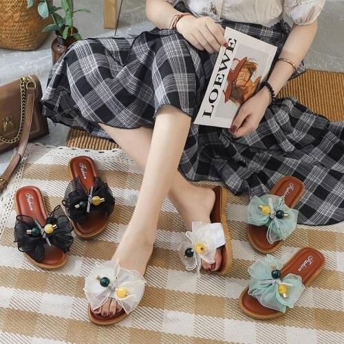2021 Bow Slipper Womens Summer Outer Wear Sandals Slipper Flower Flat Top Shoes